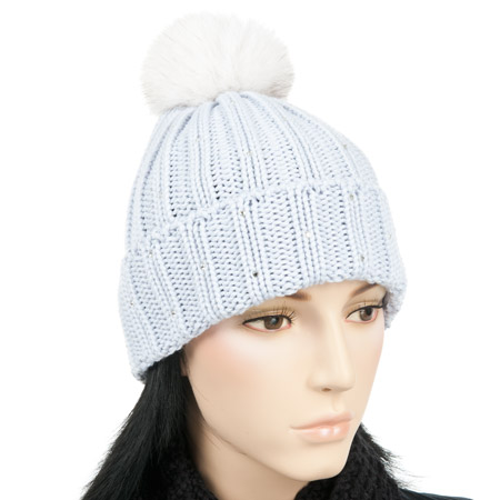 Strickm�tze mit Umschlag, Strass und Fuchsbommel