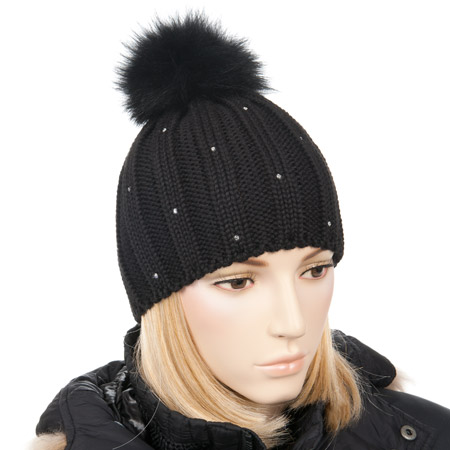 Beautiful knitted cap with fur-pompom and rhinestones