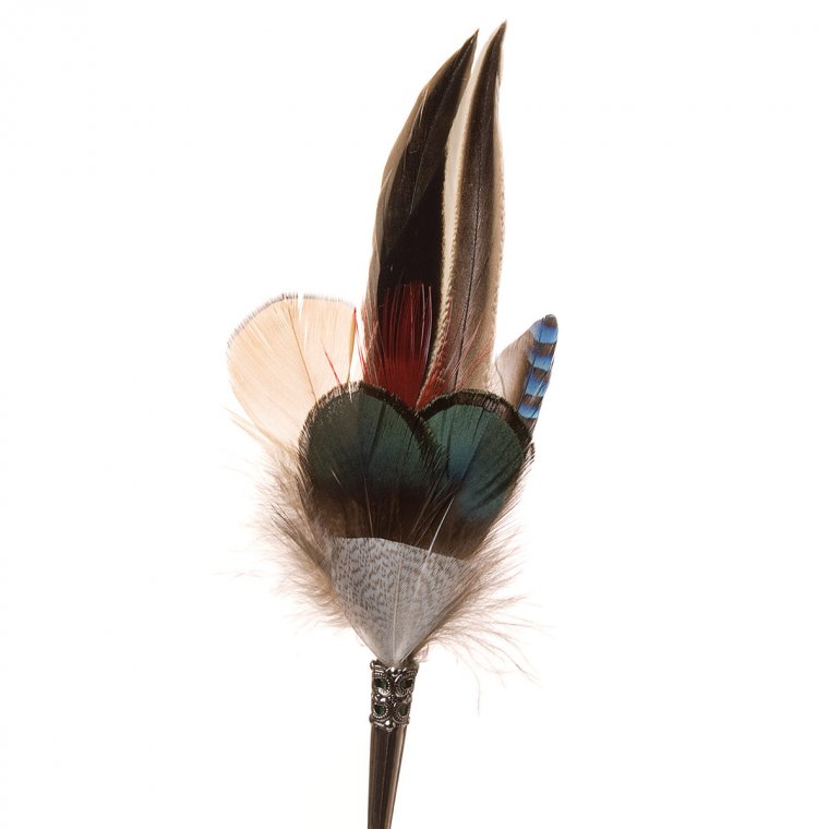 Elegant feather arrangement out of duck -, jay- and pheasant feathers