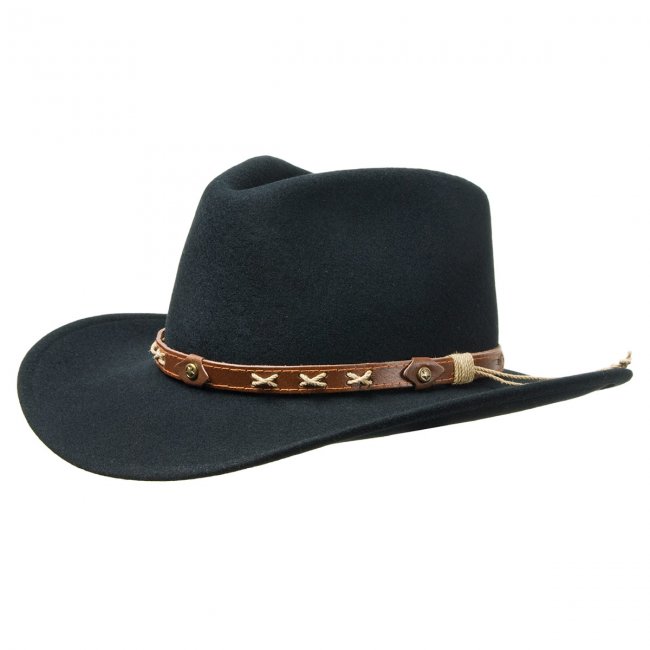 Sporty hat in western design out of wool felt with leather strap