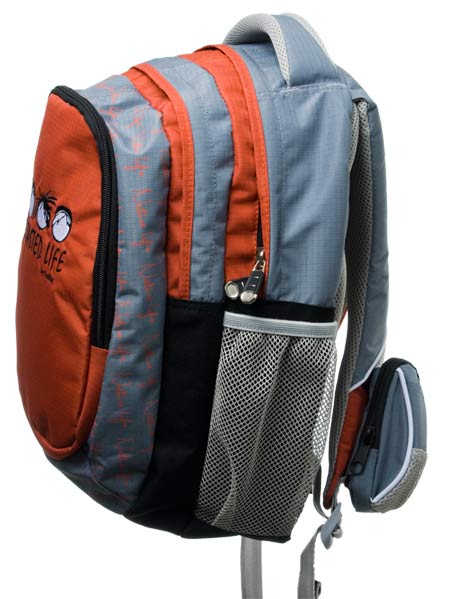 Orange backpack with five lockable pockets and back padding