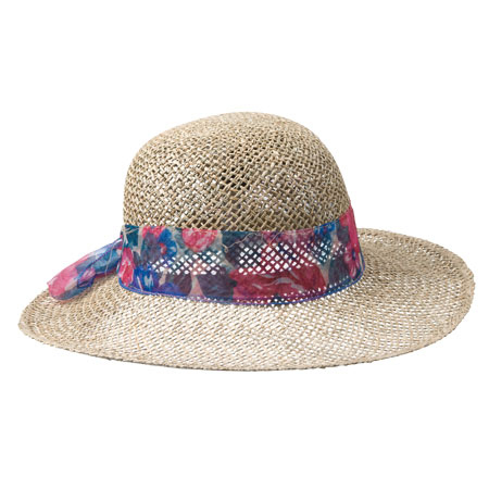 Wide meshed straw hat with coloured silk ribbon for women