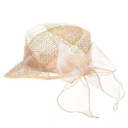 straw hat with attractiv pattern and coloured silk ribbon