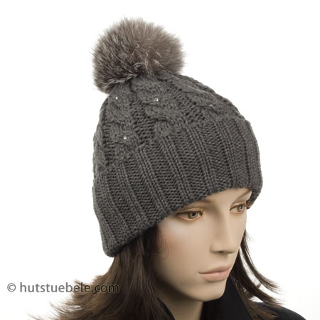 Damen Wintermütze in Strick by Hutter mit Fuchsbommel Zopfmuster